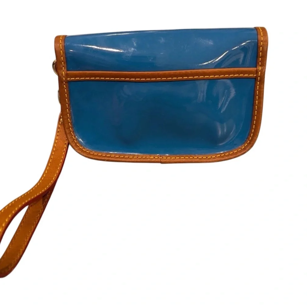 Dooney & Bourke Patent Leather Clutch in Bright Blue with Brown Trim - Picture 3 of 10
